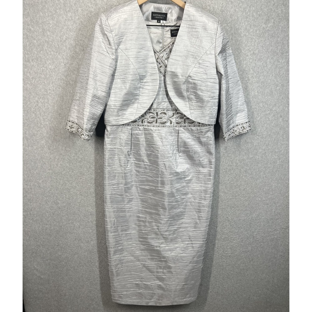 Giovanna Dress Jacket Set Womens 10 Silver Beaded Formal Mother of Bride Good‎